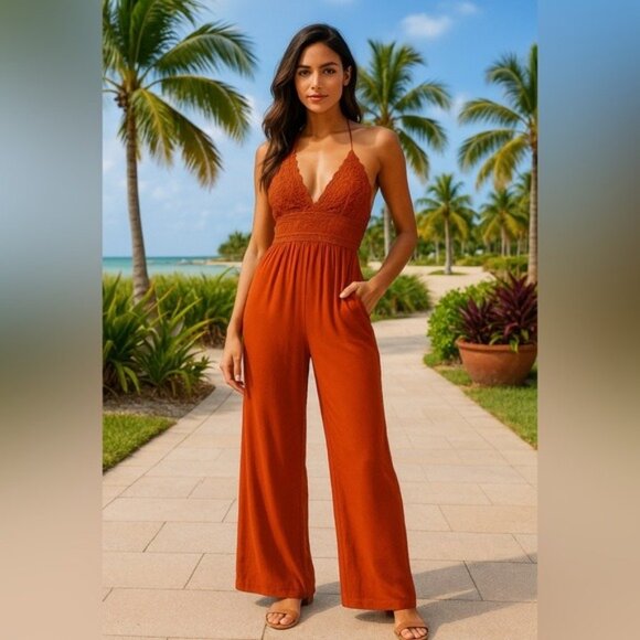 Blashe Burnt Orange Crochet Cross-Back Halter Wide-Leg Jumpsuit Size Large - Picture 1 of 14